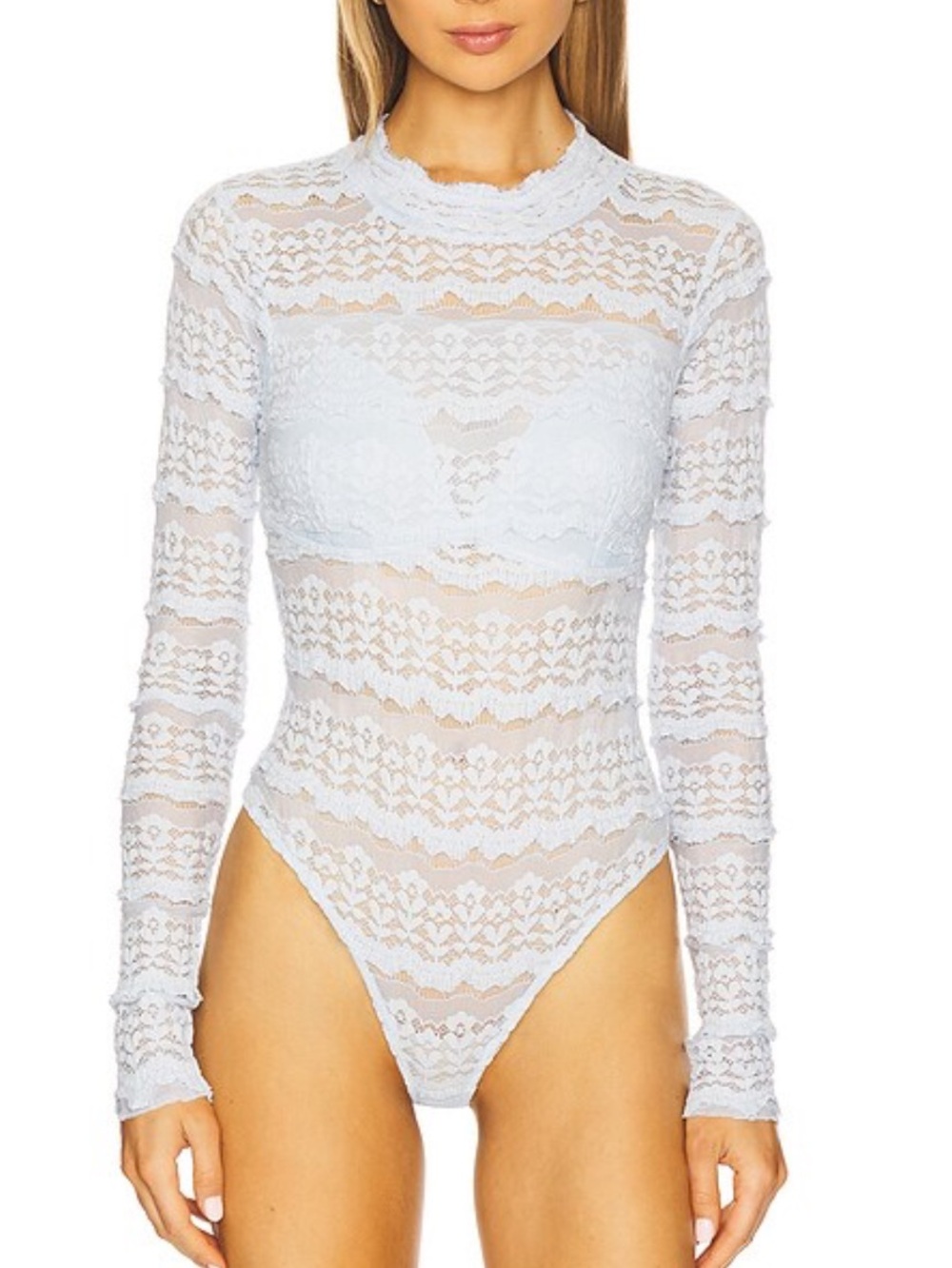Free People Angelina Ice Blue Lace Long-Sleeve Bodysuit